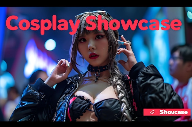 Photo cosplay showcase text with fading effect creative style and creative decor live stream background