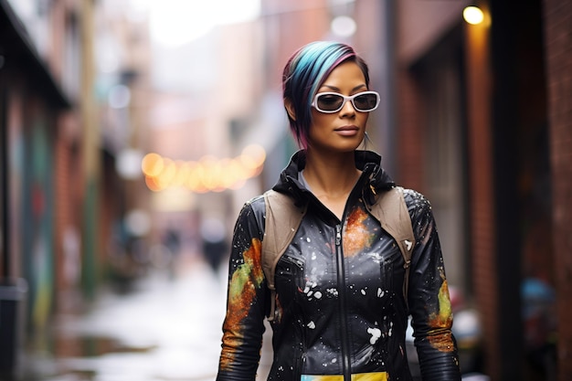 Cosplayer als een cyberpunk android in een stratenstraat