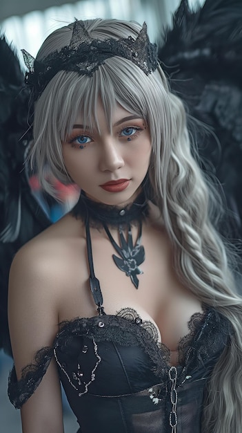 Photo a cosplayer dressed as an angel with black wings