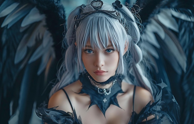 A cosplayer dressed as an angel with black wings