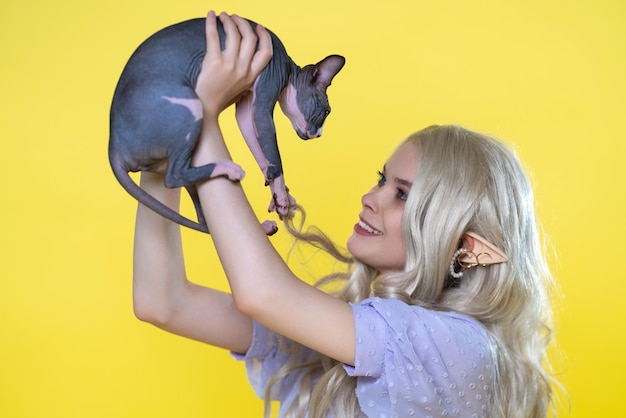 Cosplayer elf young female in blue dress and Sphinx kitten look at each other Yellow background