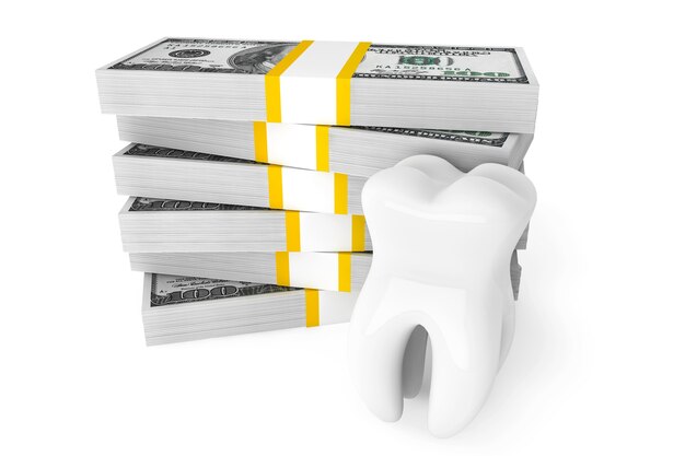 Cost of dental concept. Tooth With Money on a white background