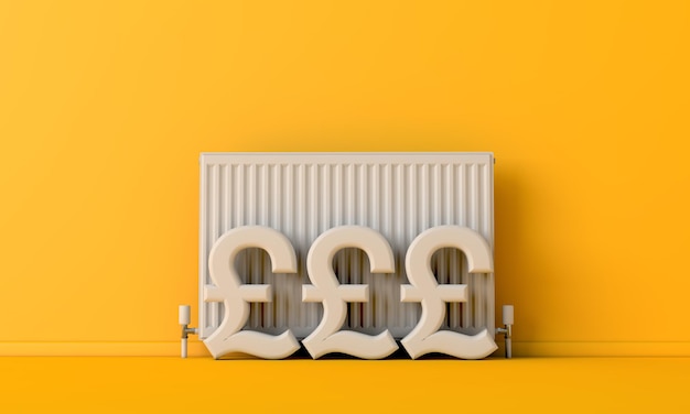 Cost of heating pound sterling currency symbol next to a radiator heater d rendering