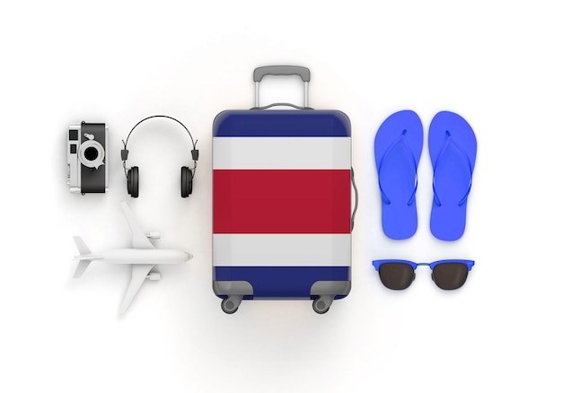 Costa rica flag suitcase and travel accessories lay flat d render