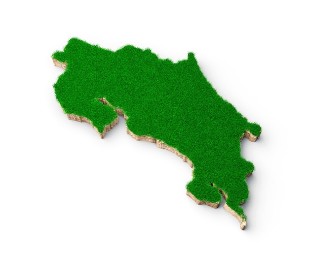 Costa Rica Map soil land geology cross section with green grass and Rock ground texture 3d