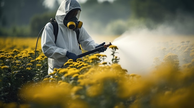 Costume spruzzando pesticidi agricoltore spruzzando verdure nella fattoria giardino un erbicida legato al cancro