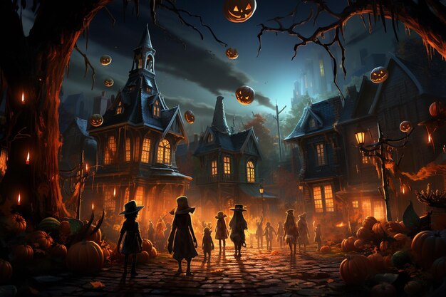 Costumed Children TrickorTreating in a Festively Adorned Neighborhood created with Generative AI