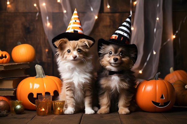 Costumed Pets Pets dressed up in cute or spooky costumes interacting with Halloween