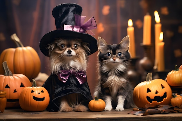 Costumed Pets Pets dressed up in cute or spooky costumes interacting with Halloweenthemed props