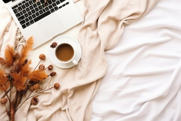 Cosy Autumn Workstation Laptop Closed Coffee Brewing Blanket and Nature's Elements Adorn the Tabl