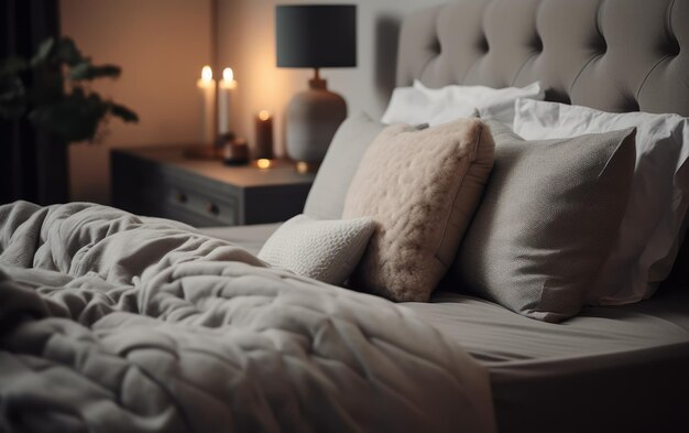 Cosy bedroom in modern home pillows close up