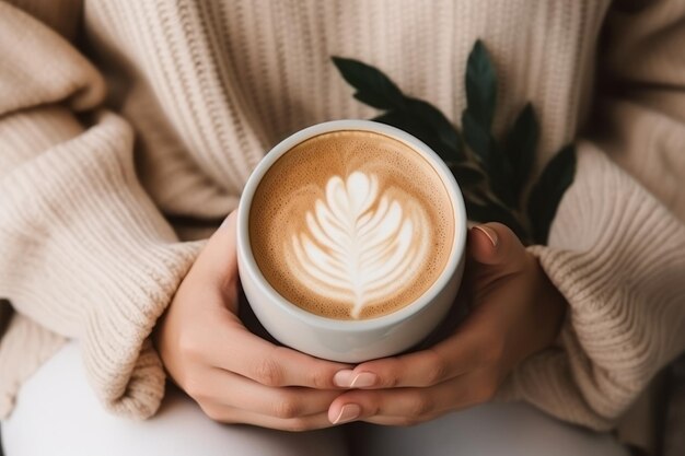 Cosy Comfort A CloseUp of a Woman in a Warm Sweater Enjoying Latte Art in Coffee Cup