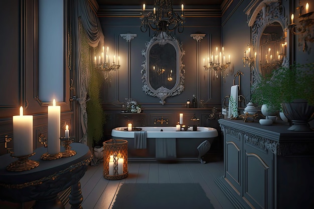 Cosy dark bathroom interior by candlelight with octagonality and chandeliers generative ai