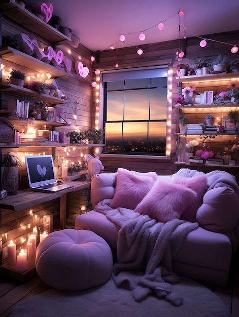 Cosy Gaming Den Pink Color Theme Fairy Lights Plushies Gamin Creative Live Stream Background Idea