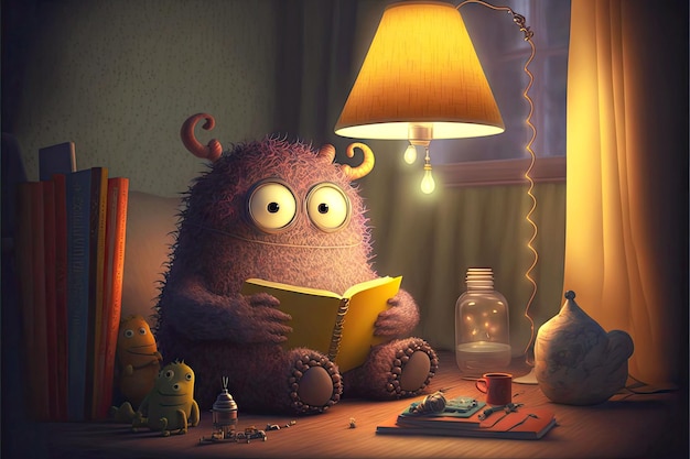 Photo cosy home with reading lamp and cute monster reads books generative ai