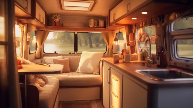 Photo cosy interior of motor home camping car furnishing decor of salon area comfortable modern caravan house