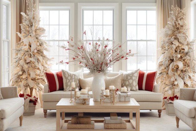 写真 現代的なインテリアのクリスマスツリーと赤いプレゼントの居心地の良いリビングルーム メリークリスマスの背景