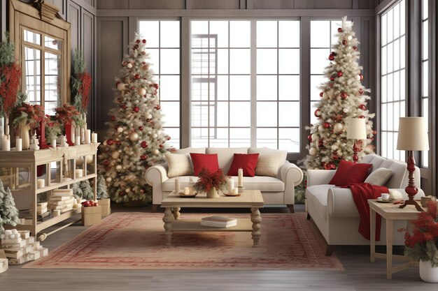 Foto accogliente soggiorno con albero di natale e regali rossi in interni moderni buon natale sullo sfondo