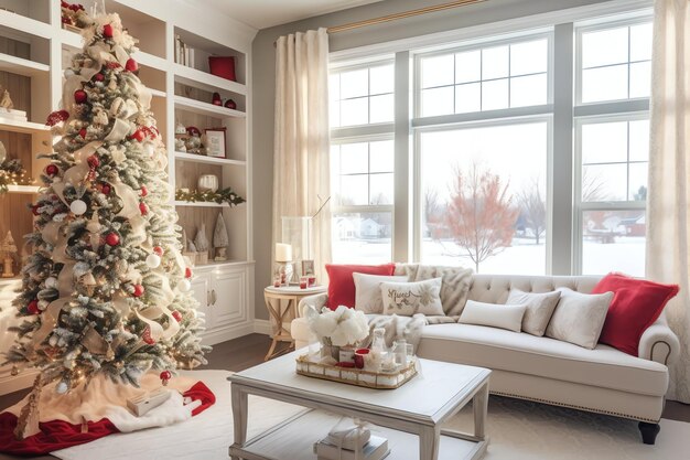 Foto accogliente soggiorno con albero di natale e regali rossi in interni moderni buon natale sullo sfondo