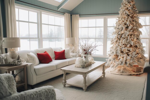 Photo cosy living room with christmas tree and red gifts in modern interior merry christmas background