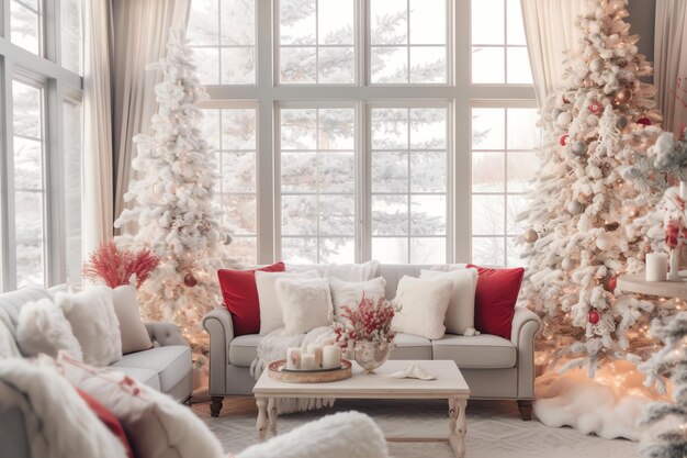 Cosy living room with christmas tree and red gifts in modern interior Merry christmas background