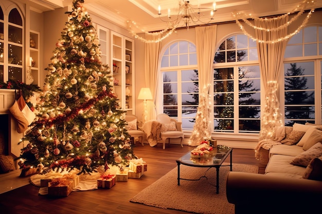 Уютная гостиная с рождественской елкой и красными подарками в современном интерьере Счастливого Рождества