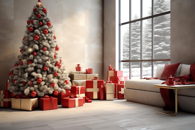 Cosy living room with christmas tree and red gifts in modern interior Merry christmas background