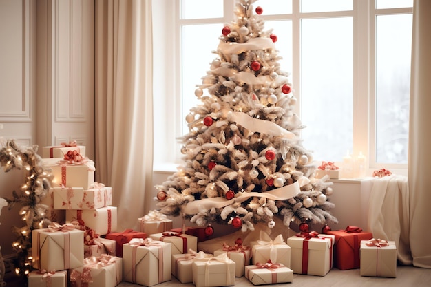 현대적인 인테리어에서 크리스마스 트리와 빨간 선물과 함께 아 ⁇ 한 거실 메리 크리스마스 배경