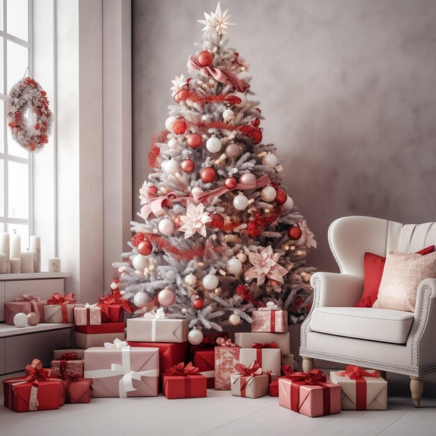 Cosy living room with christmas tree and red gifts in modern interior Merry christmas background