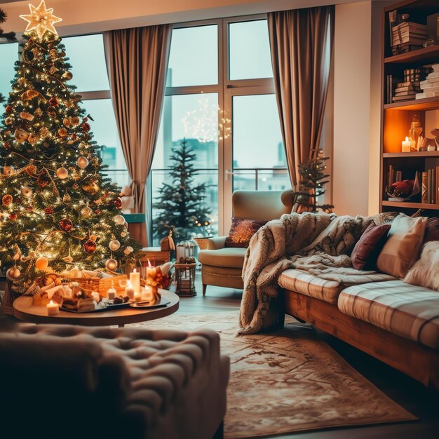 Foto accogliente soggiorno con albero di natale e regali rossi in interni moderni buon natale sullo sfondo