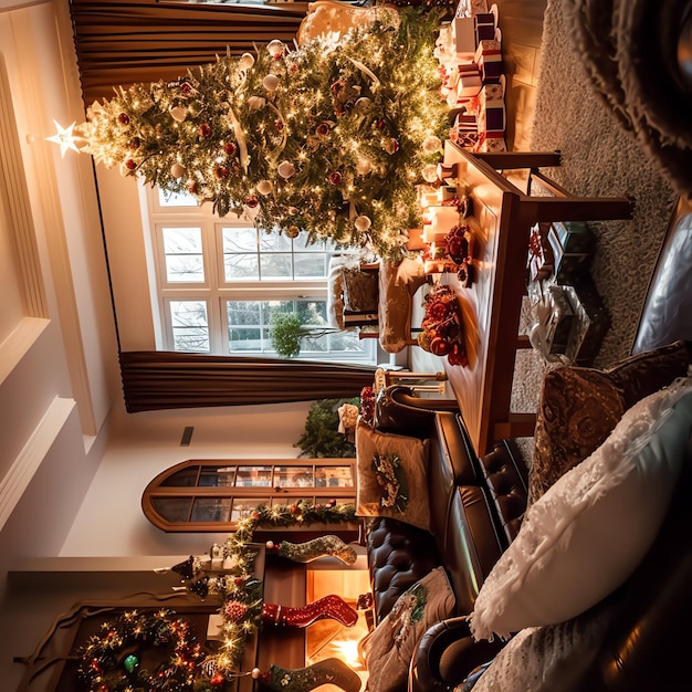 現代的なインテリアのクリスマスツリーと赤いプレゼントの居心地の良いリビングルーム メリークリスマスの背景