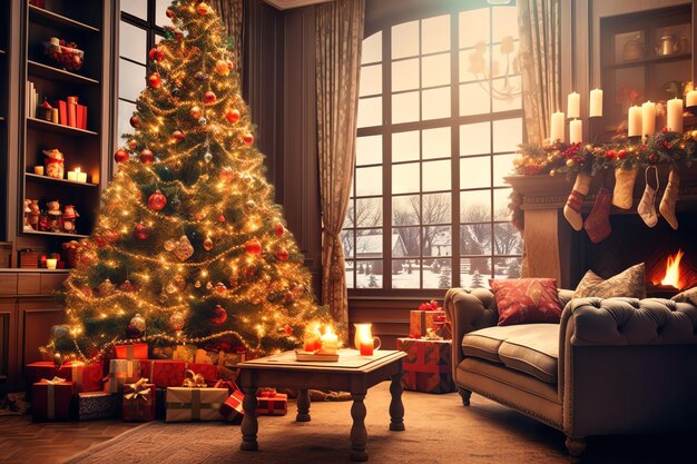 Cosy living room with christmas tree and red gifts in modern interior merry christmas background
