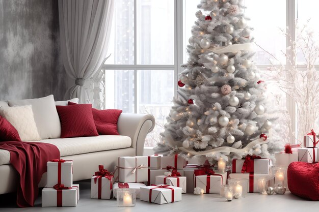 Cosy living room with christmas tree and red gifts in modern interior merry christmas background