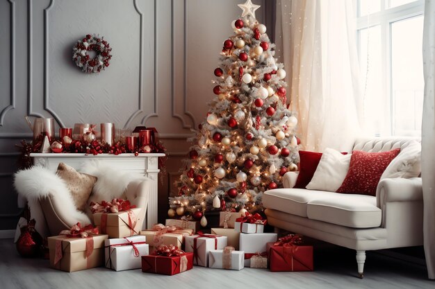 Cosy living room with christmas tree and red gifts in modern interior merry christmas background
