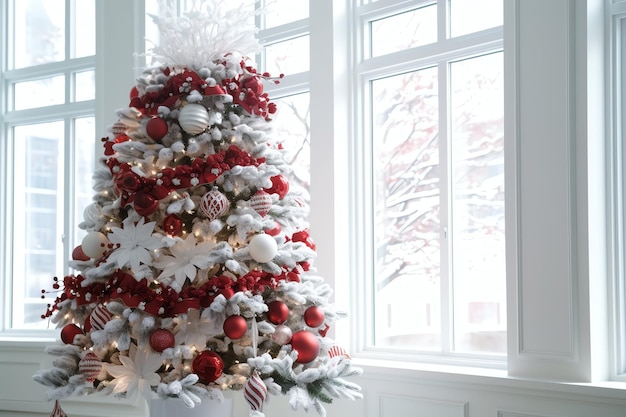現代的なインテリアのクリスマスツリーと赤いプレゼントの居心地の良いリビングルーム メリークリスマスの背景