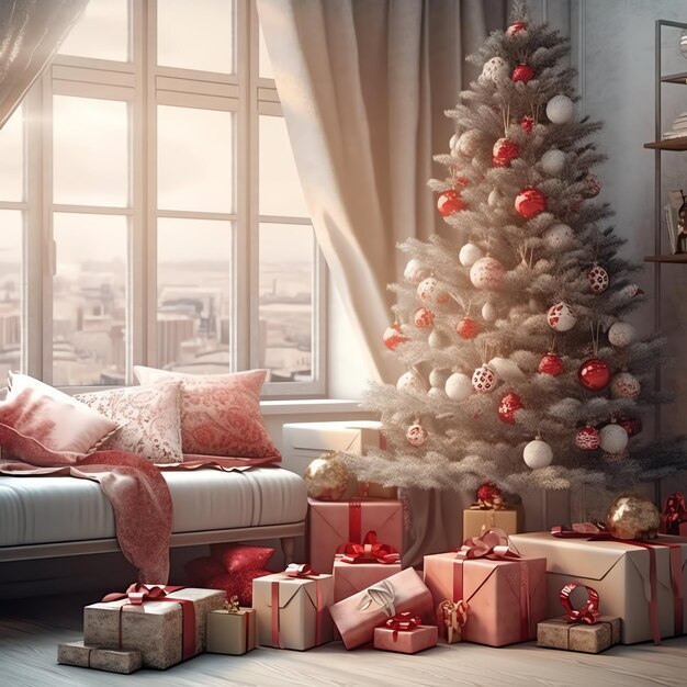 Cosy living room with christmas tree and red gifts in modern interior merry christmas background