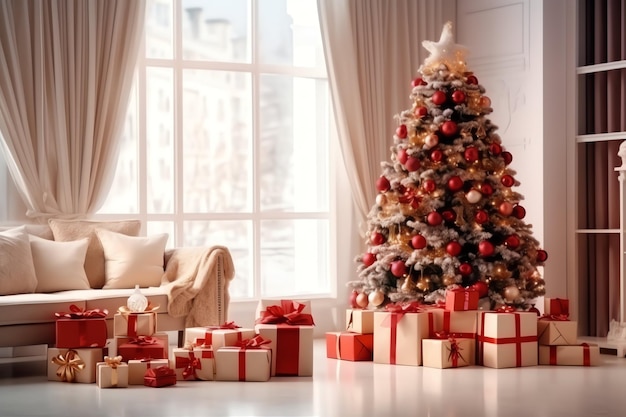 Cosy living room with christmas tree and red gifts in modern interior Merry christmas background