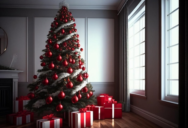 Cosy living room with christmas tree and red gifts in modern interior Merry christmas background