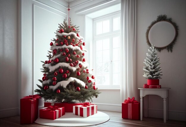 Cosy living room with christmas tree and red gifts in modern interior Merry christmas background