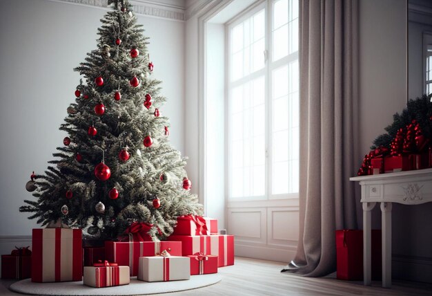 Уютная гостиная с елкой и красными подарками в современном интерьере Счастливого Рождества