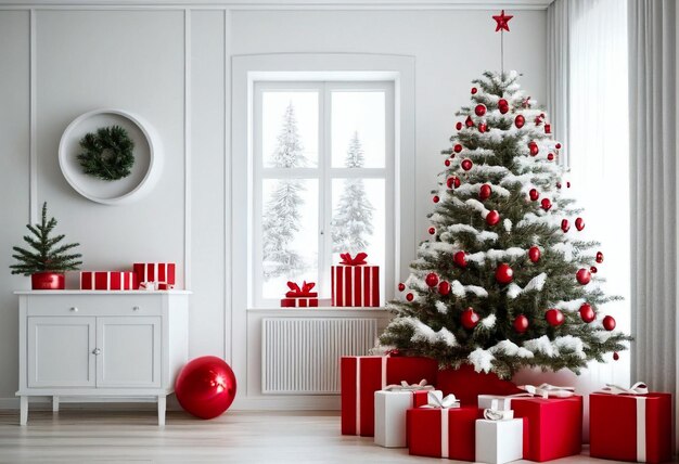 Cosy living room with christmas tree and red gifts in modern interior Merry christmas background