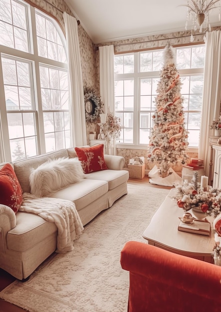 현대적인 인테리어의 메리 크리스마스 배경에는 크리스마스 트리와 빨간색 선물이 있는 아늑한 거실이 있습니다.