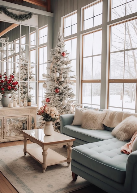 Cosy living room with christmas tree and red gifts in modern interior Merry christmas background