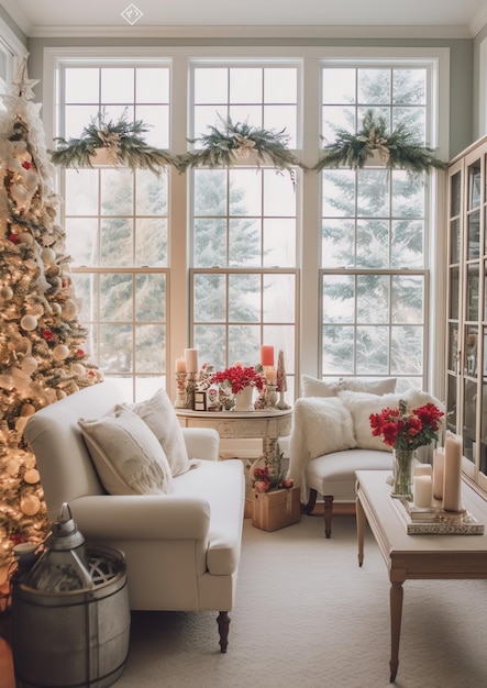 Cosy living room with christmas tree and red gifts in modern interior Merry christmas background