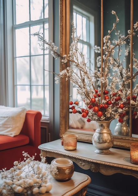 Cosy living room with christmas tree and red gifts in modern interior Merry christmas background