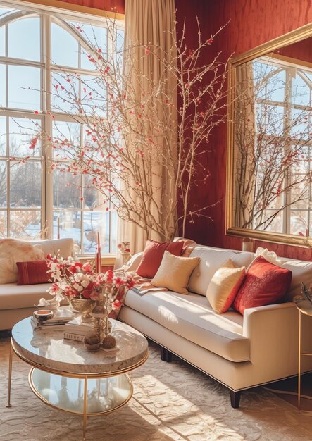 Уютная гостиная с елкой и красными подарками в современном интерьере Веселый рождественский фон
