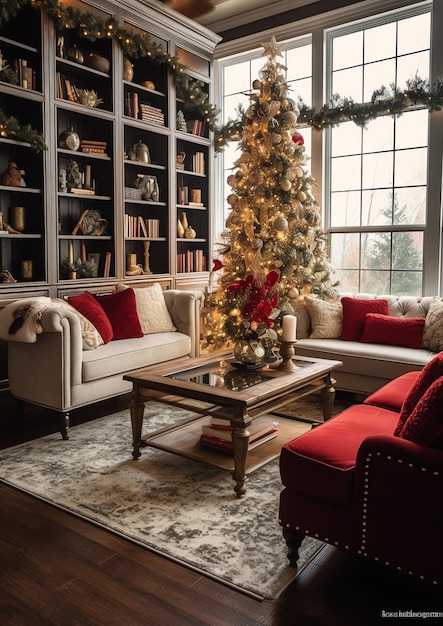 현대적인 인테리어의 메리 크리스마스 배경에는 크리스마스 트리와 빨간색 선물이 있는 아늑한 거실이 있습니다.