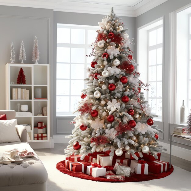 Cosy living room with christmas tree and red gifts in modern interior merry christmas background