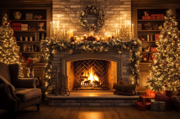 Cosy living room with fireplace and christmas tree in classic interior merry christmas background