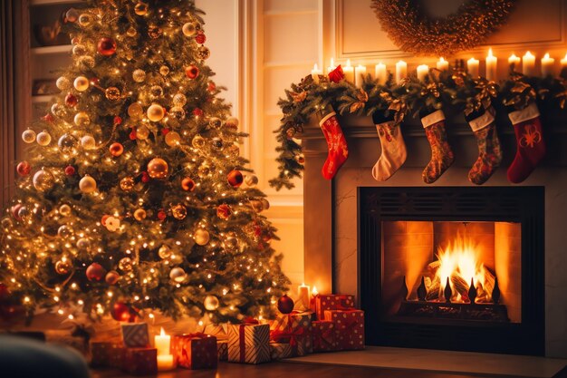 Photo cosy living room with fireplace and christmas tree in classic interior merry christmas background